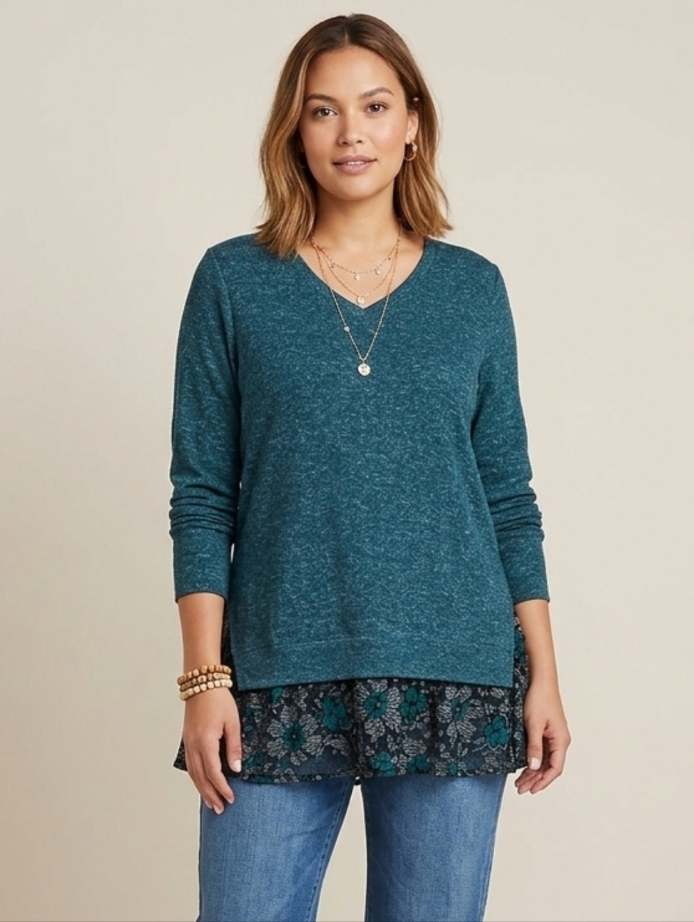 LlLOGO by Lori Goldstein - Brushed Melange Sweater Top with Lace Hem